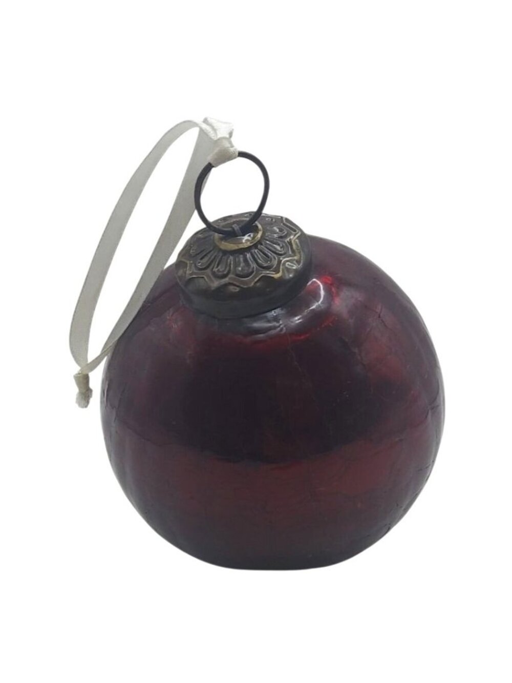 Vintage Kugel Hand Blown Deep Red Crackle Glass Christmas Ball Ornament